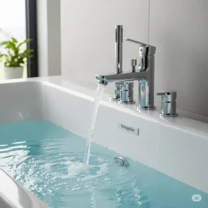 Hansgrohe bathtub faucet delivering a smooth, consistent stream of water into a modern freestanding tub.