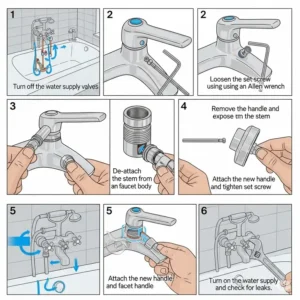 Step-by-step graphic showing how to safely remove a bathtub faucet handle for repair or replacement.
