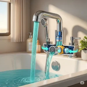 Illustration demonstrating water flow through an RV bathtub faucet, emphasizing efficient water usage.
