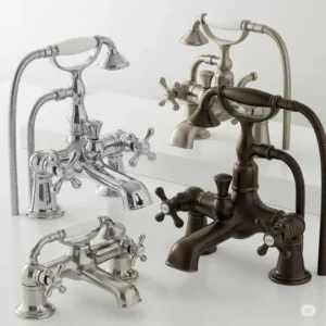 Assortment of vintage bathtub faucets finishes, including polished chrome, brushed nickel, and oil-rubbed bronze.