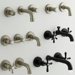 Selection of wall mount bathtub faucet finishes in brushed nickel and matte black.
