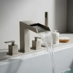 Unique waterfall style brushed nickel bathtub spout adding a luxurious and tranquil element to the bathroom design.