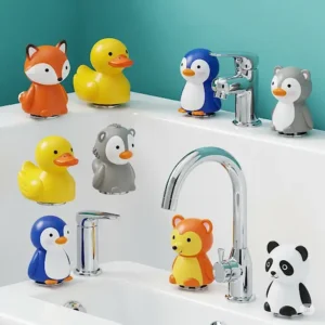 An assortment of charming animal-shaped bathtub faucet covers, showcasing various fun and decorative options for bath safety.