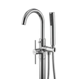  Delta freestanding bathtub faucet featuring a convenient handheld shower attachment for enhanced bathing.