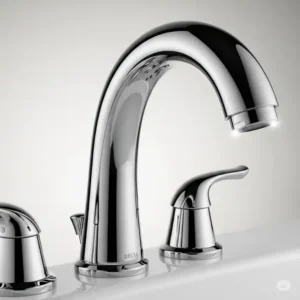 "Polished chrome delta trinsic bathtub faucet reflecting light, showcasing its durable and easy-to-clean surface."