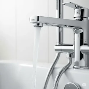 Smooth, consistent water flow from a **Grohe bathtub faucet**, highlighting its water-saving technology for an efficient bath.