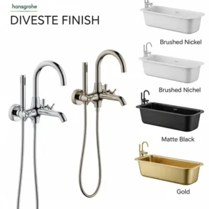 Variety of Hansgrohe bathtub faucet finishes including classic chrome, sleek matte black, and sophisticated brushed nickel.
