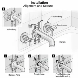 Diagram showing the correct method for installing the handles and valves of a new bathtub trim kit.