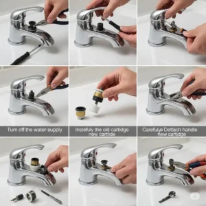 Detailed image demonstrating the process of replacing a worn-out cartridge, a common part in a bathtub faucet repair kit.