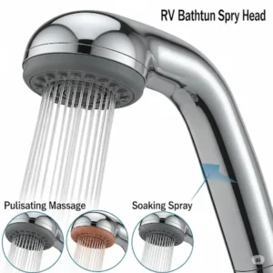 Close-up illustration of an RV bathtub faucet spray head detailing different spray patterns.