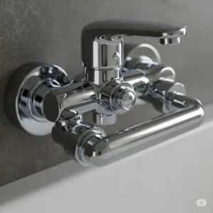 Close-up detail of the control valve and handle of a wall mount bathtub faucet.