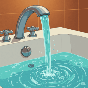 Animated illustration of water flowing from a jacuzzi bathtub faucet into a filled tub.