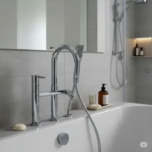 A stylish bathtub faucet with hand shower installed in a contemporary bathroom.