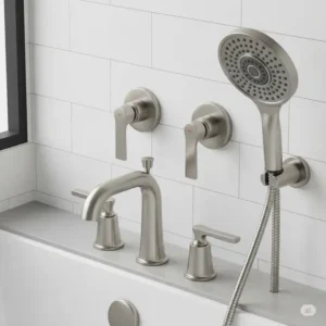 Complete set of brushed nickel bathtub spout bathroom fixtures, including handles and showerhead for a cohesive design.