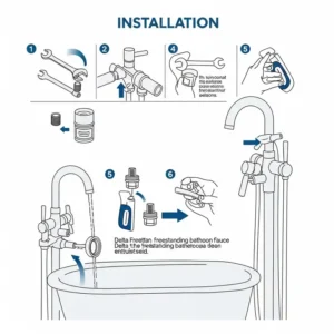 Diagram illustrating the straightforward installation process for a Delta freestanding bathtub faucet.