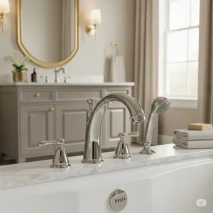 Beautiful delta roman bathtub faucets as the centerpiece of a luxurious bathroom, complementing the decor.
