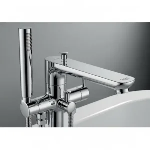 Detail shot of the robust construction of a **Grohe bathtub faucet**, emphasizing the quality materials for long-lasting performance.
