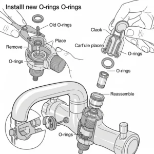 Illustration highlighting the installation of new O-rings from a bathtub faucet repair kit to prevent leaks.
