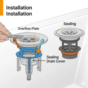 Illustration detailing the installation of the bathtub drain cover and overflow plate, part of a complete trim kit upgrade.
