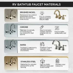 Infographic showing various material options for RV bathtub faucet, such as brushed nickel and chrome finishes.