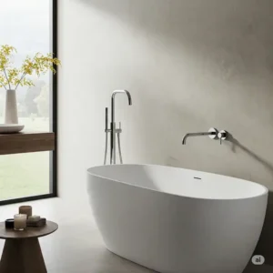 Contemporary bathroom design featuring a stylish wall mount bathtub faucet over a freestanding tub.