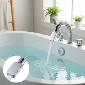 Water flowing smoothly from a bathtub faucet with a cover installed, illustrating unobstructed water flow and splash reduction.