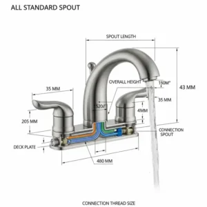 Detailed diagram illustrating the standard dimensions for a brushed nickel bathtub spout, aiding in installation planning.