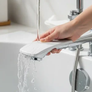 A hand rinsing a bathtub faucet cover under running water, demonstrating easy cleaning and maintenance for hygiene.