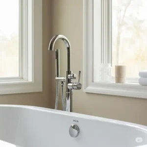 Delta freestanding bathtub faucet contributing to a serene, spa-like atmosphere in a luxurious bathroom.