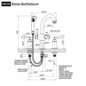 Technical diagram showing precise dimensions and specifications of delta roman bathtub faucets.