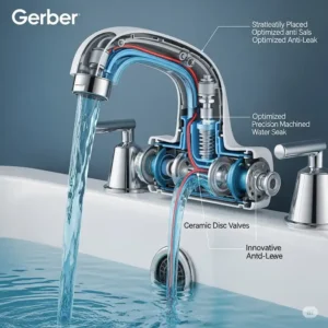 Advanced technology within a Gerber bathtub faucet, illustrating efficient water flow and innovative anti-leak features for long-lasting performance.