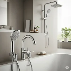 Integrated Hansgrohe bathtub faucet and matching shower components for a complete and cohesive bathing experience.