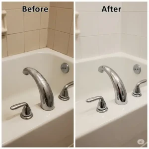 Before and after comparison showing the dramatic improvement of a bathroom with a new bathtub trim kit.