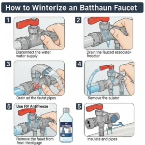 Step-by-step guide illustrating how to winterize an RV bathtub faucet to prevent freezing damage.