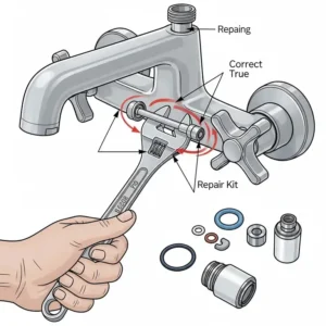 Graphic showing a hand using a wrench to properly tighten components after using a bathtub faucet repair kit.
