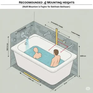 Illustration showing different recommended mounting heights for a wall mount bathtub faucet.