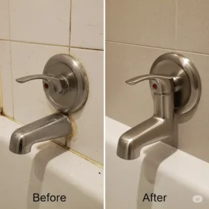 Before and after comparison showing an old spout replaced with a stylish new brushed nickel bathtub spout, enhancing bathroom aesthetics.