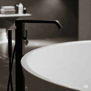 Stylish black matte finish jacuzzi bathtub faucet mounted on a modern tub.