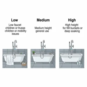 Side-by-side illustration comparing low, medium, and high bathtub faucet heights and their respective benefits.