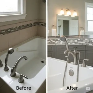 A before and after comparison showcasing the transformative effect of installing delta roman bathtub faucets during a bathroom renovation.