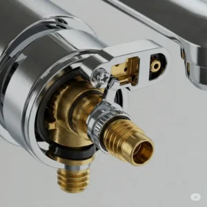 Detail of the diverter valve on a bathtub faucet with hand shower, used to switch water flow.