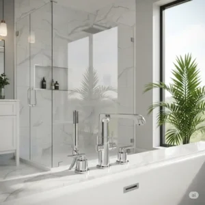 A contemporary bathroom design featuring a stylish Gerber bathtub faucet, creating a luxurious and functional bathing experience.