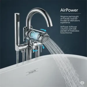 Exploded view of a Hansgrohe bathtub faucet showcasing its advanced internal technology for efficient water usage and durability.