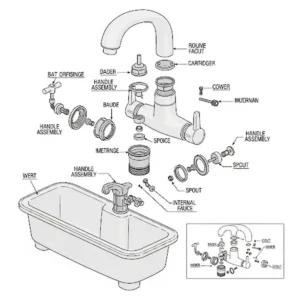 Exploded view illustration of an RV bathtub faucet, highlighting individual components for repair.