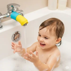 A happy child splashing safely in a bathtub with a protective faucet cover, highlighting enhanced bath time safety and peace of mind.