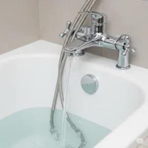 Image of a fully repaired bathtub faucet being tested for proper function and no leaks after using a comprehensive repair kit.