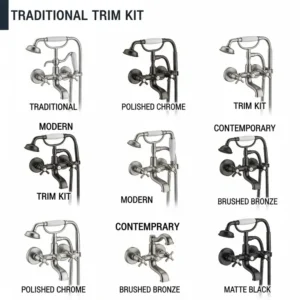 Variety of popular bathtub trim kit styles and finishes, including chrome, bronze, and matte black options for any bathroom decor.