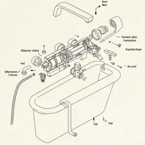 Exploded diagram illustrating the internal components of a wall mount bathtub faucet.
