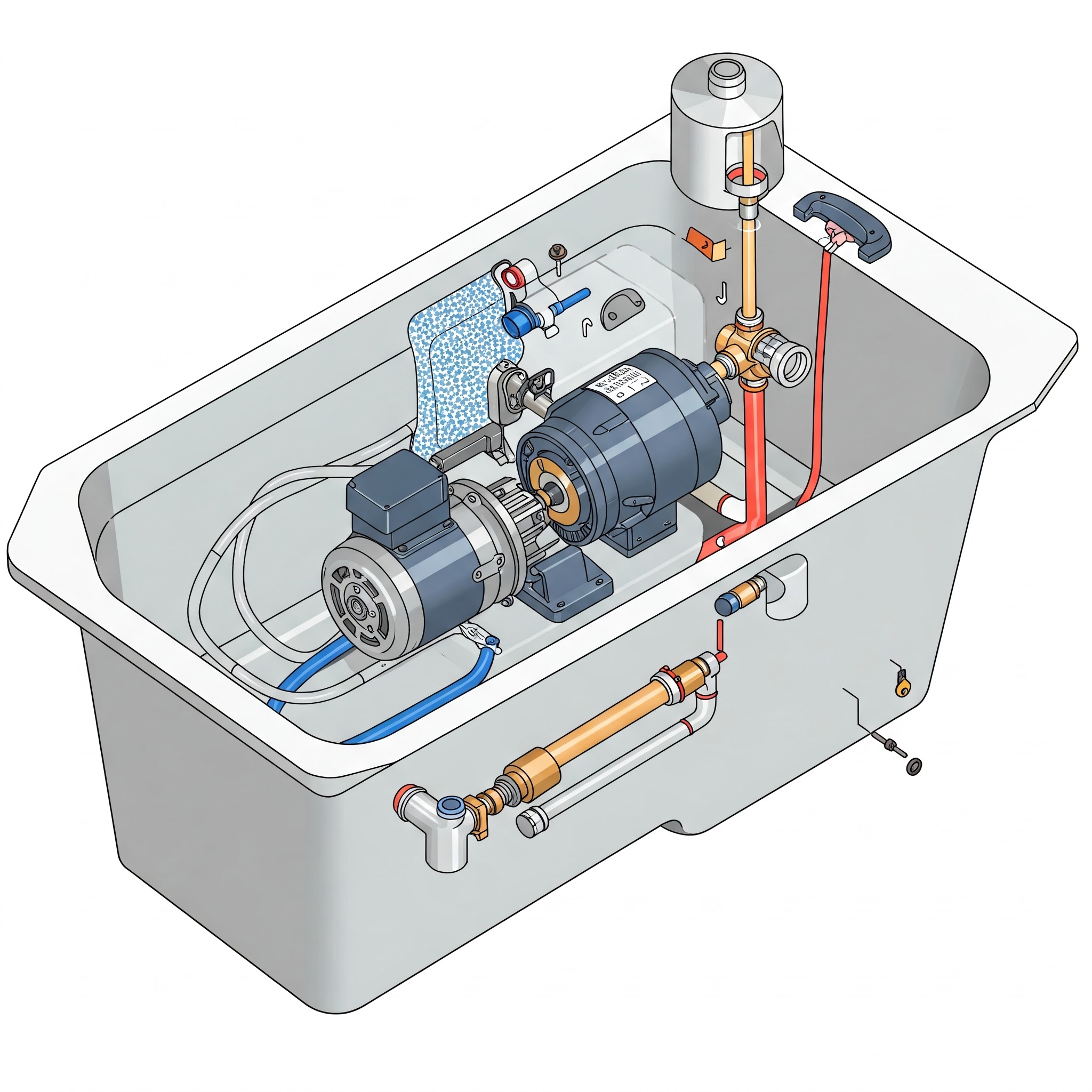 "Illustration showing the motor and pump assembly for whirlpool bathtub parts."