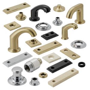 Collection of bathtub faucet escutcheons and decorative plates, often replaced as bathtub faucet replacement parts for aesthetic or functional reasons.